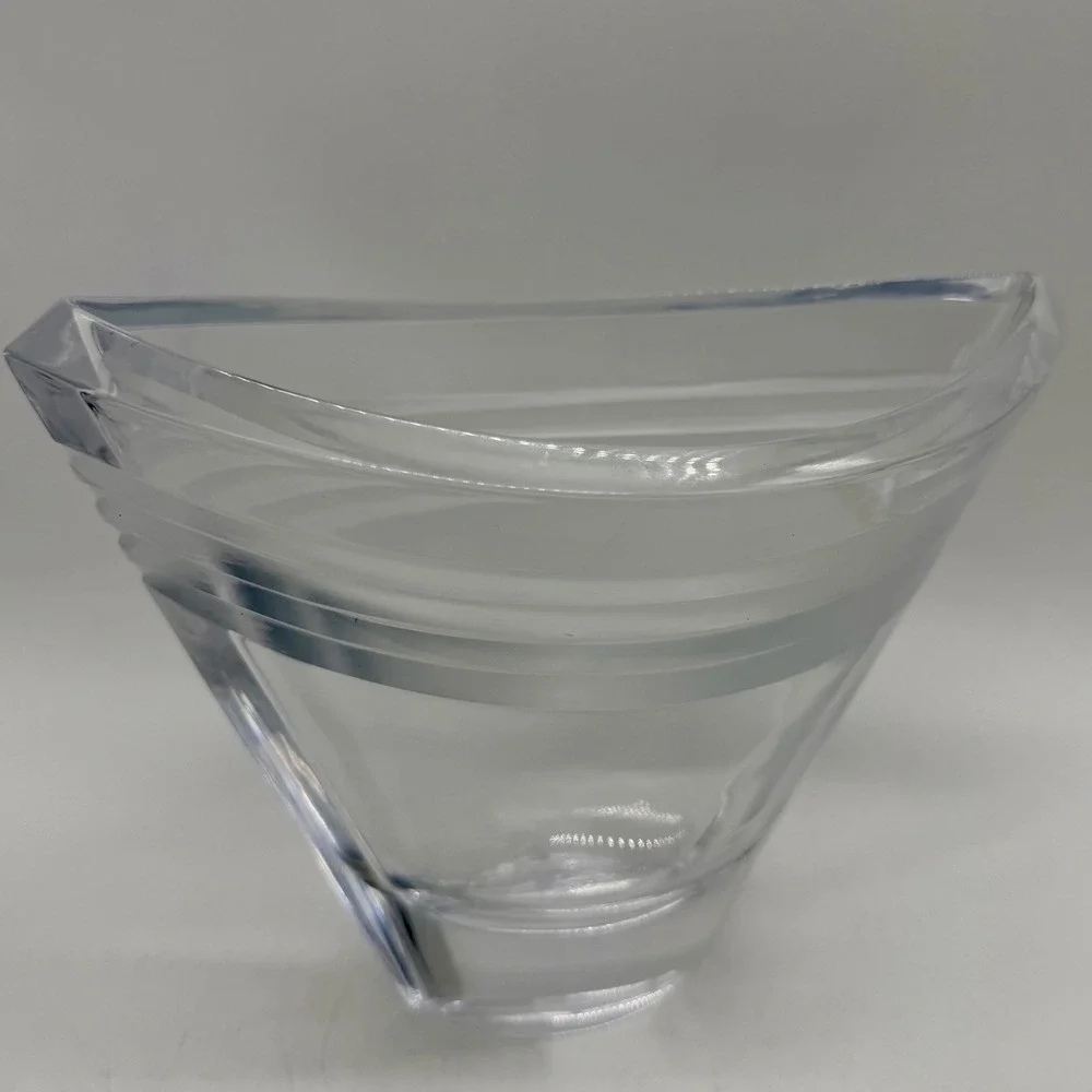 Crystal Glass Boat Shaped Vase Frosted Band Accents Modern Decor Excellent